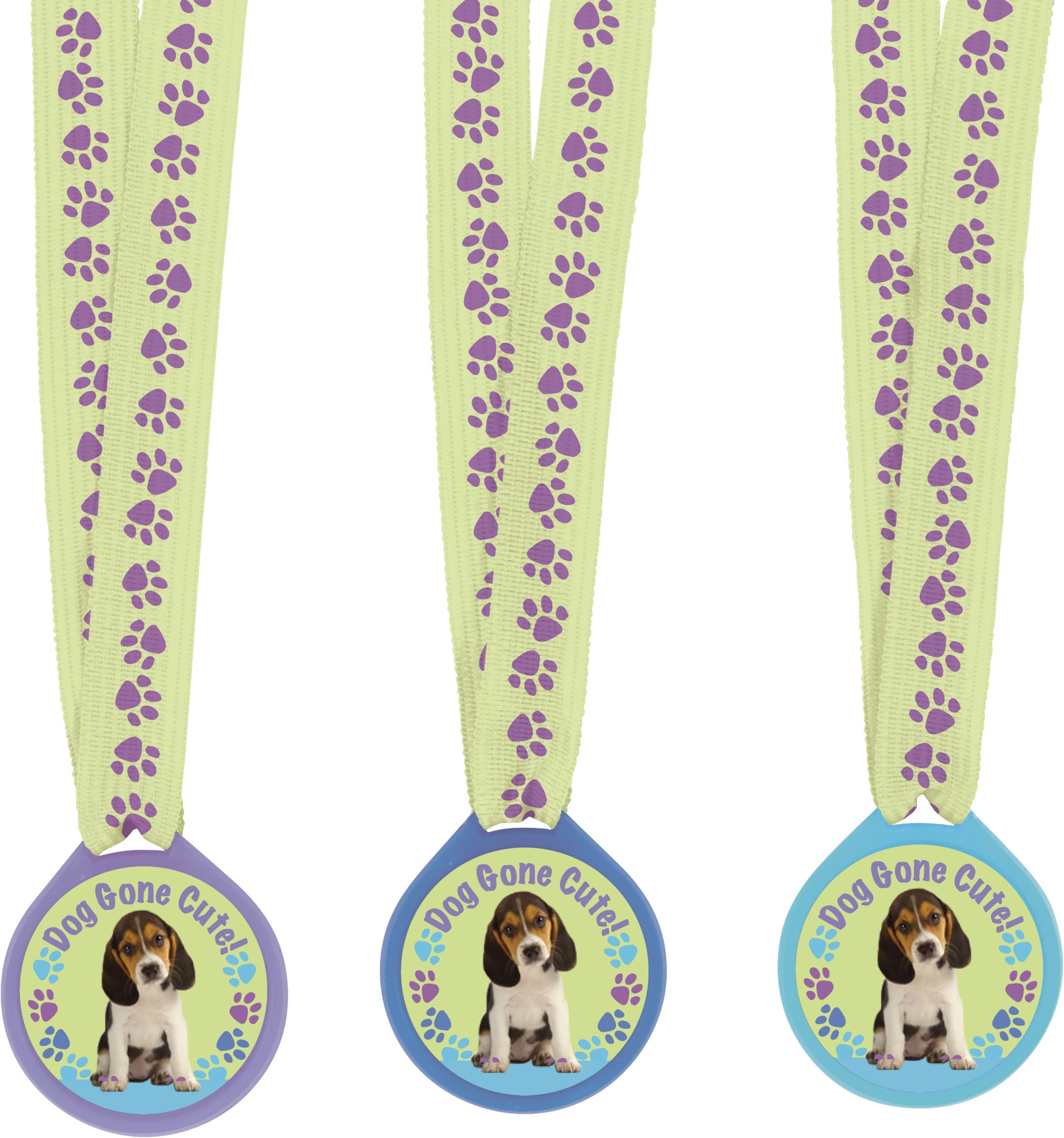 "Woof" Party Pups Award Medals, Green/Purple, One Size, 12-pk, Wearable Accessory Favours for Birthdays Front_Flat