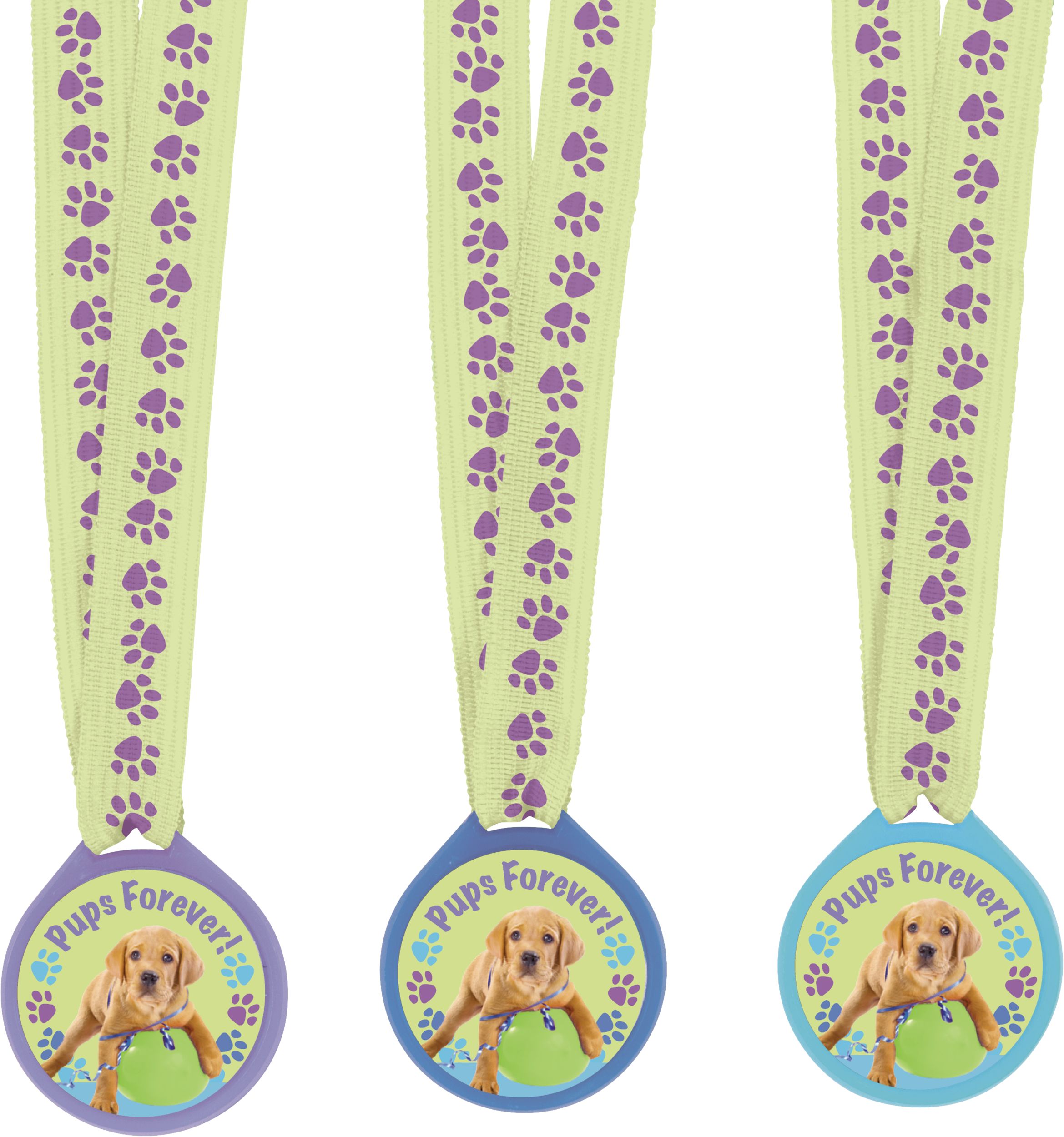 "Woof" Party Pups Award Medals, Green/Purple, One Size, 12-pk, Wearable Accessory Favours for Birthdays Front_Flat