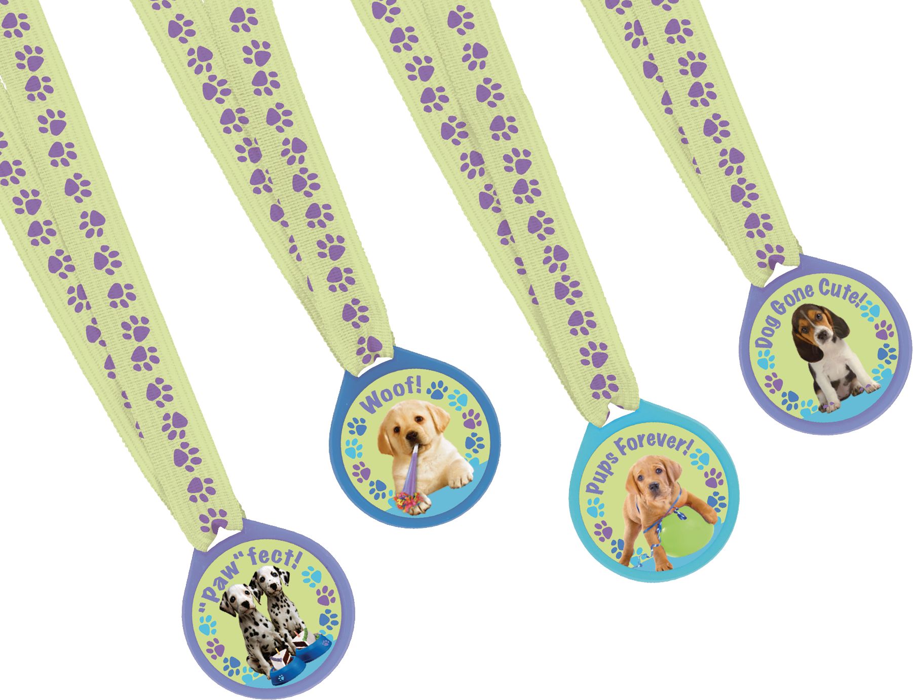 "Woof" Party Pups Award Medals, Green/Purple, One Size, 12-pk, Wearable Accessory Favours for Birthdays Front_Angled_Right