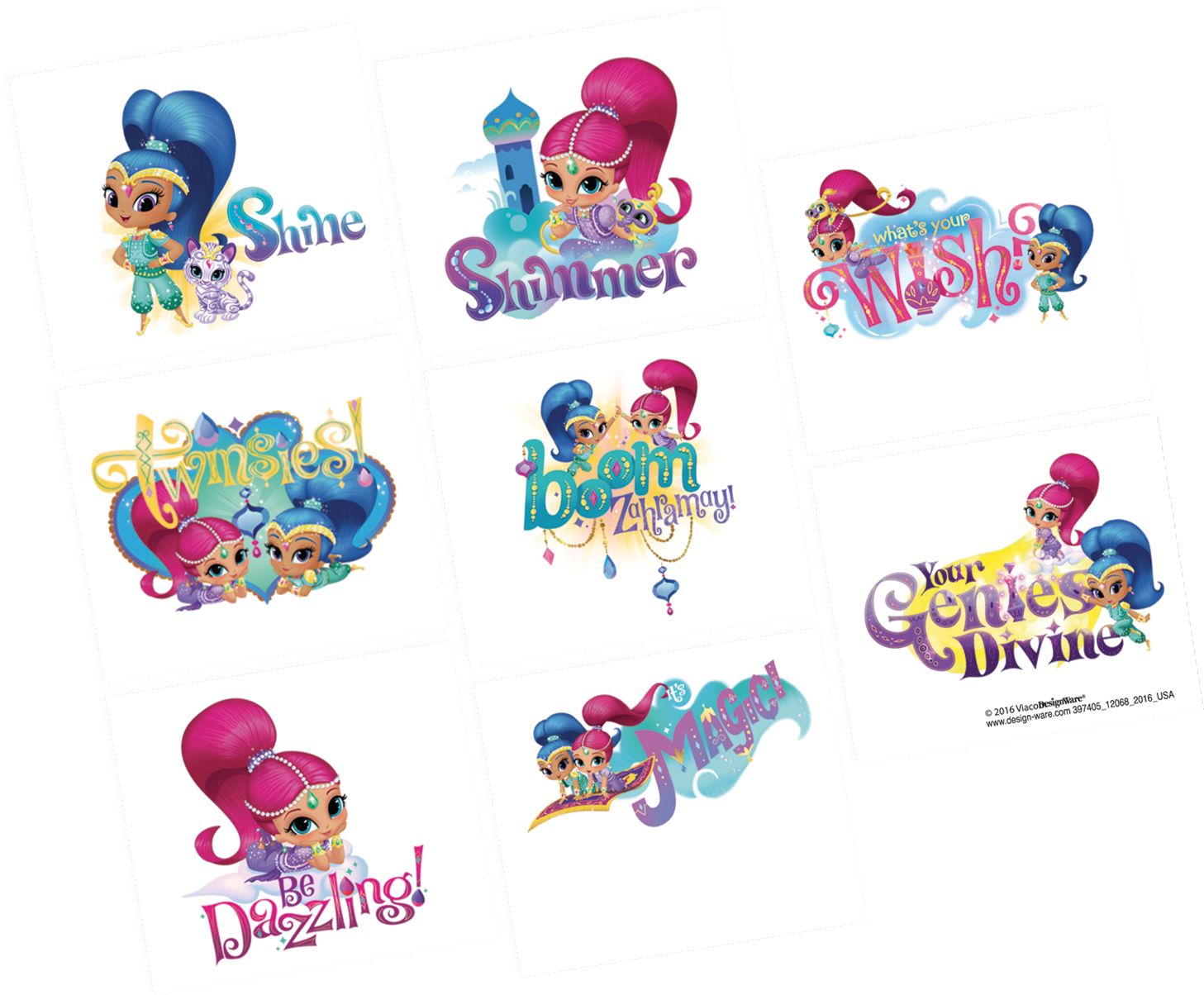 Tatouages Shimmer et Shine pour cadeaux-surprises d'anniversaire, 1 feuille de 8 Overhead_Flat