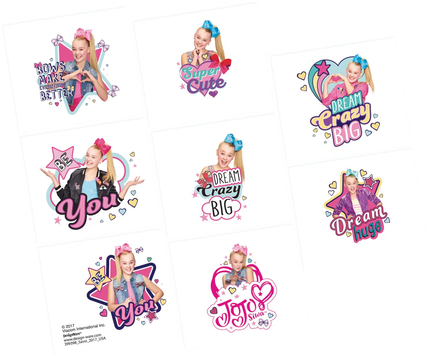 Nickelodeon JoJo Siwa "Super Cute" Assorted Temporary Tattoos, Multi-Coloured, 8-pk, Wearable Favours for Birthdays Overhead_Flat