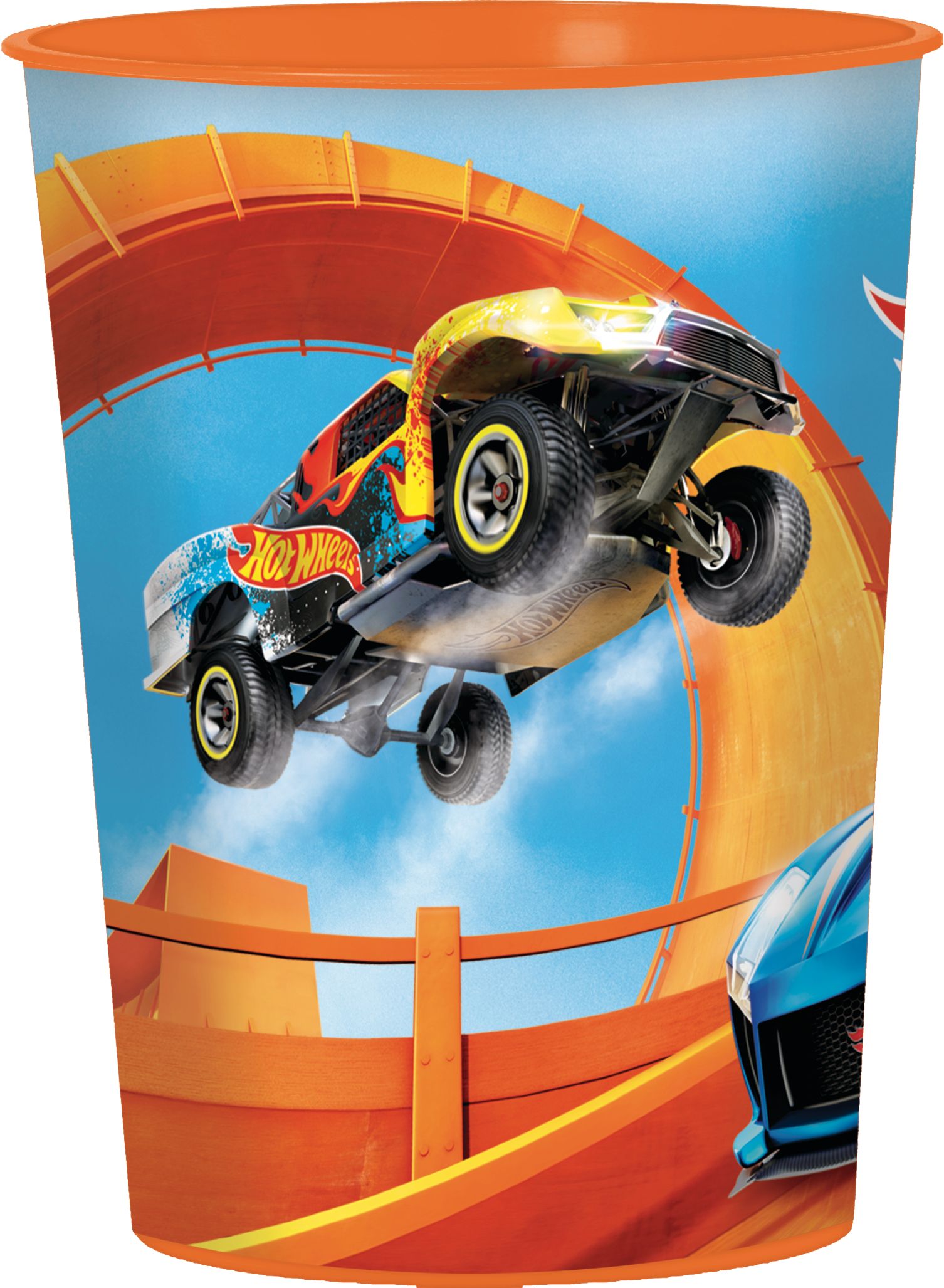 Hot Wheels Plastic Reusable Favour Cup, Blue/Orange, 16-oz, for Birthday Party Back_Elevated