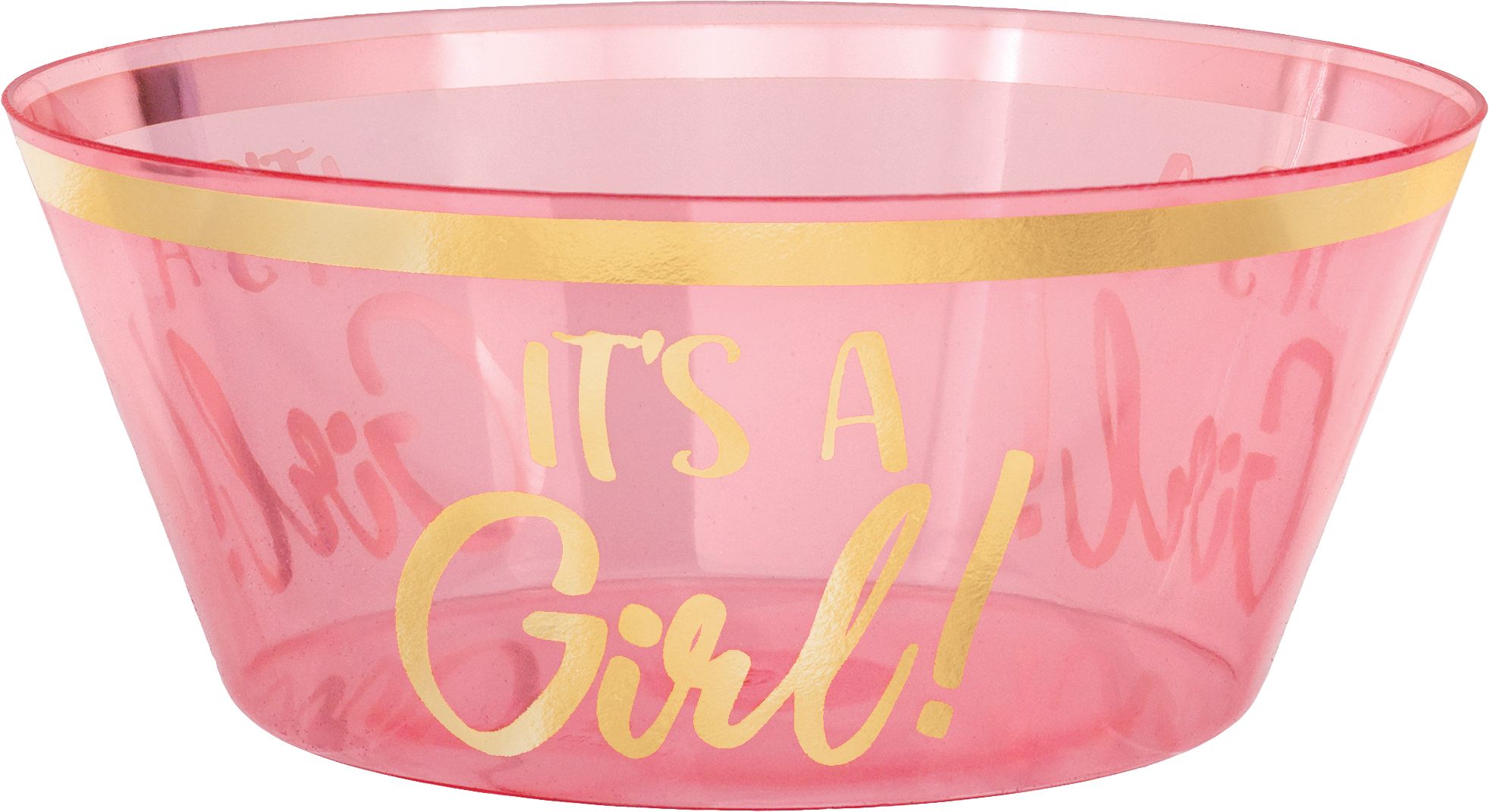 "It's a Girl" Round Plastic Reusable Serving Bowl, Pink/Gold, 10-in, for Gender Reveal/Baby Shower Front_Flat