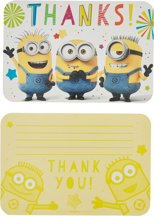 Cartes de remerciement pour fête d'anniversaire Les Minions, paq. 8 Front_Flat