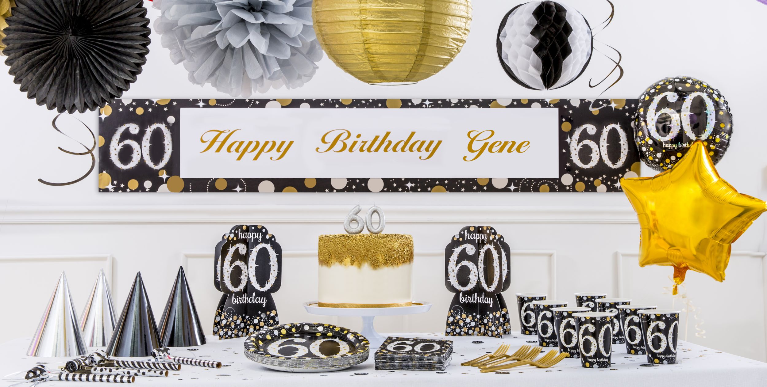 Sparkling Celebration "Happy Birthday 60" Round Paper Disposable Lunch Plates, Black/Silver/Gold, 9-in, 8-pk, for Milestone Birthday Composite_or_Mixed