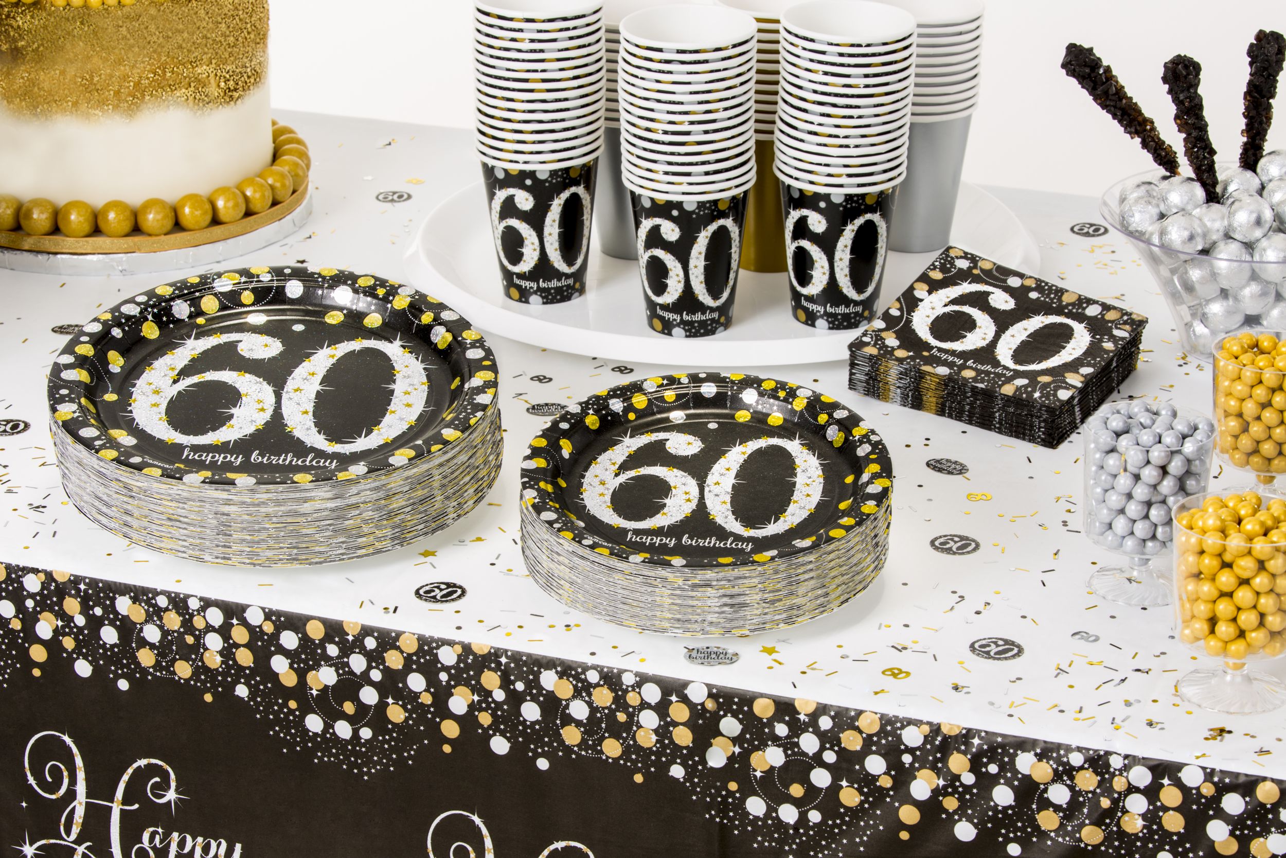 Sparkling Celebration "Happy Birthday 60" Round Paper Disposable Lunch Plates, Black/Silver/Gold, 9-in, 8-pk, for Milestone Birthday Front_Angled_Left