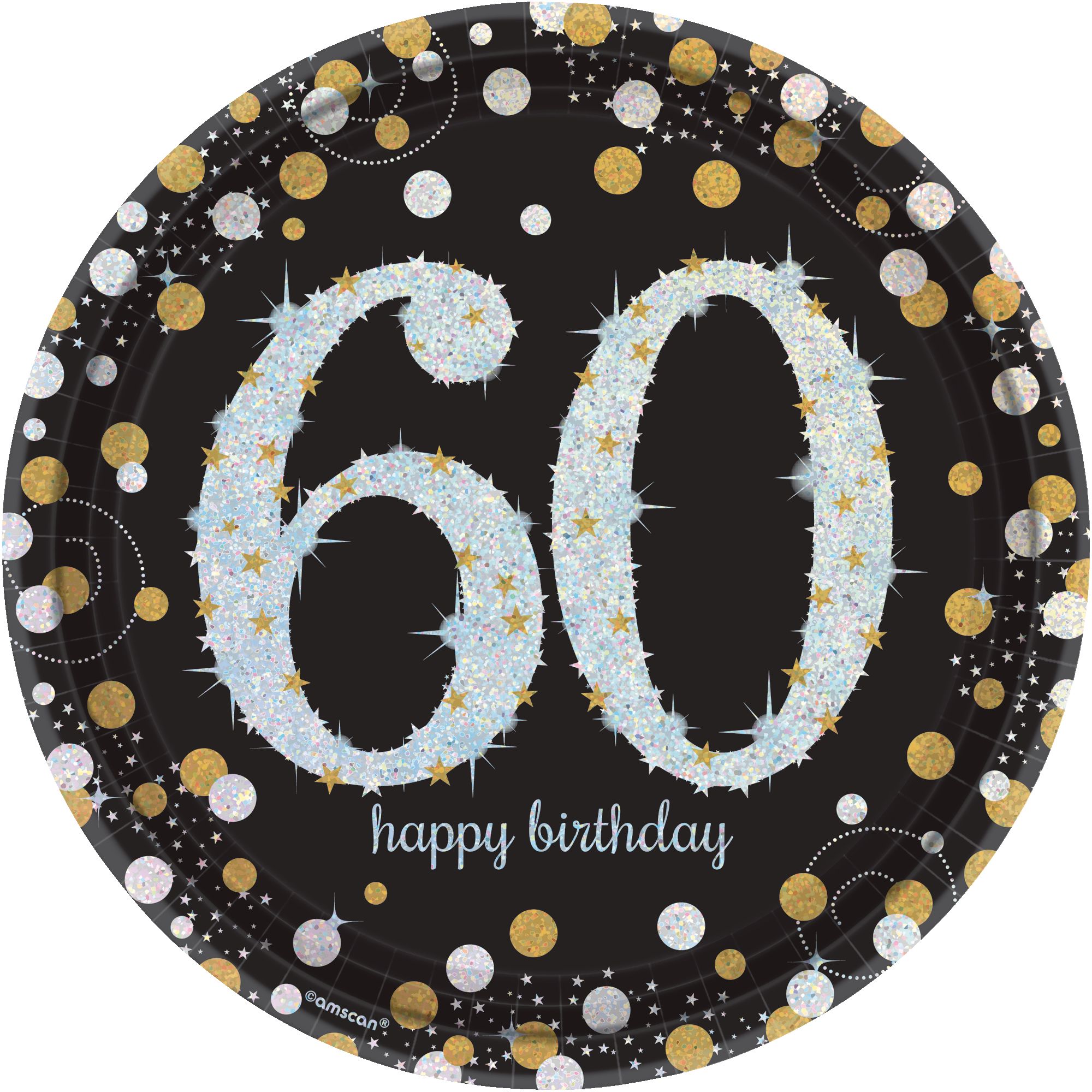 Sparkling Celebration "Happy Birthday 60" Round Paper Disposable Lunch Plates, Black/Silver/Gold, 9-in, 8-pk, for Milestone Birthday Overhead_Flat