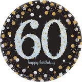 Sparkling Celebration "Happy Birthday 60" Round Paper Disposable Lunch Plates, Black/Silver/Gold, 9-in, 8-pk, for Milestone Birthday Overhead_Flat