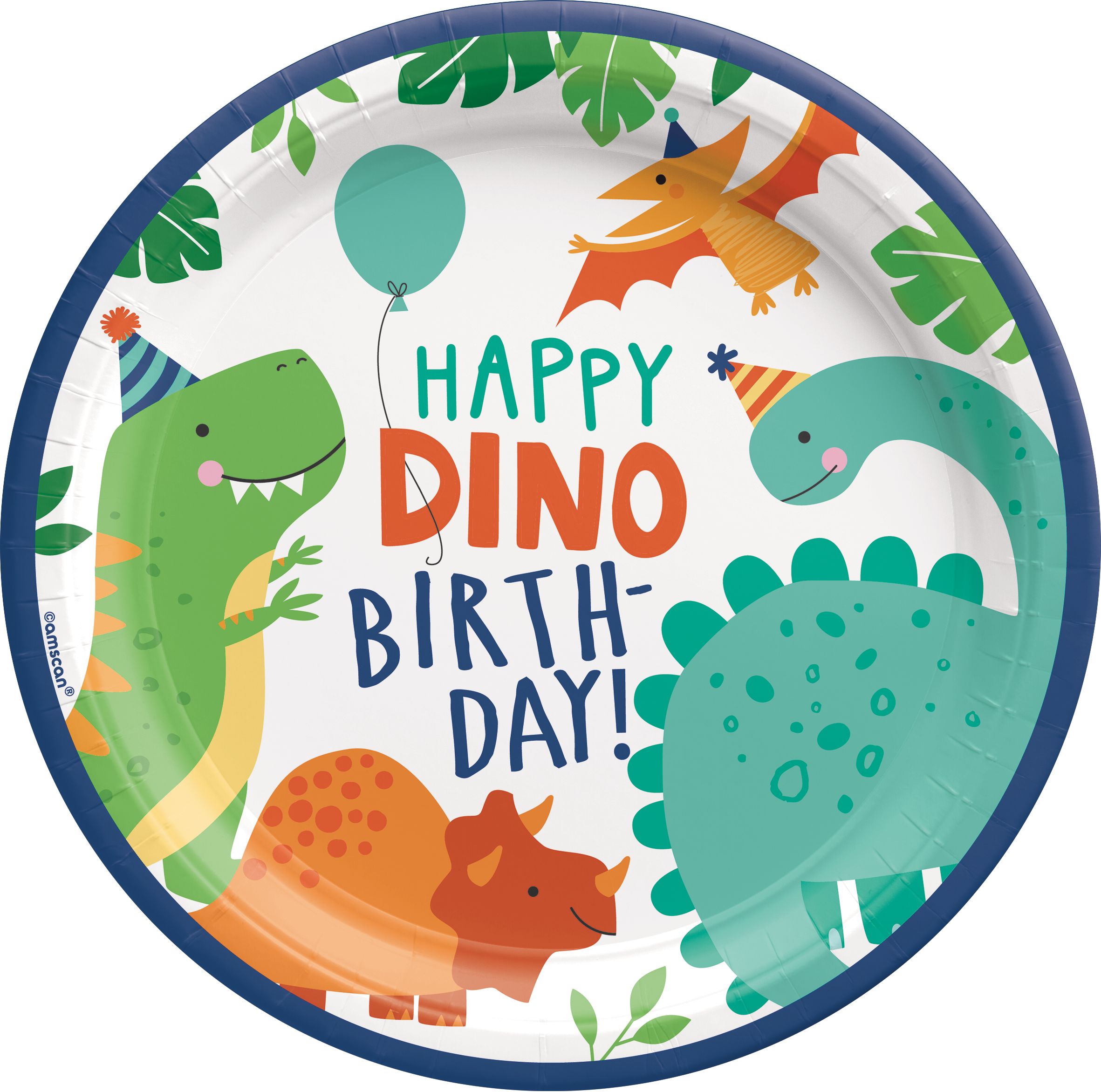 Dino-Mite "Happy Dino Birthday" Dinosaur Round Paper Disposable Lunch Plates, Blue/Green, 9-in, 8-pk, for Birthday Party Overhead_Flat