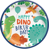 Assiettes à dîner rondes jetables en papier dinosaure Dino-Mite Happy Dino Birthday, bleu/vert, 9 po, paq. 8, pour fête d'anniversaire Overhead_Flat