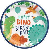 Dino-Mite "Happy Dino Birthday" Dinosaur Round Paper Disposable Lunch Plates, Blue/Green, 9-in, 8-pk, for Birthday Party Overhead_Flat
