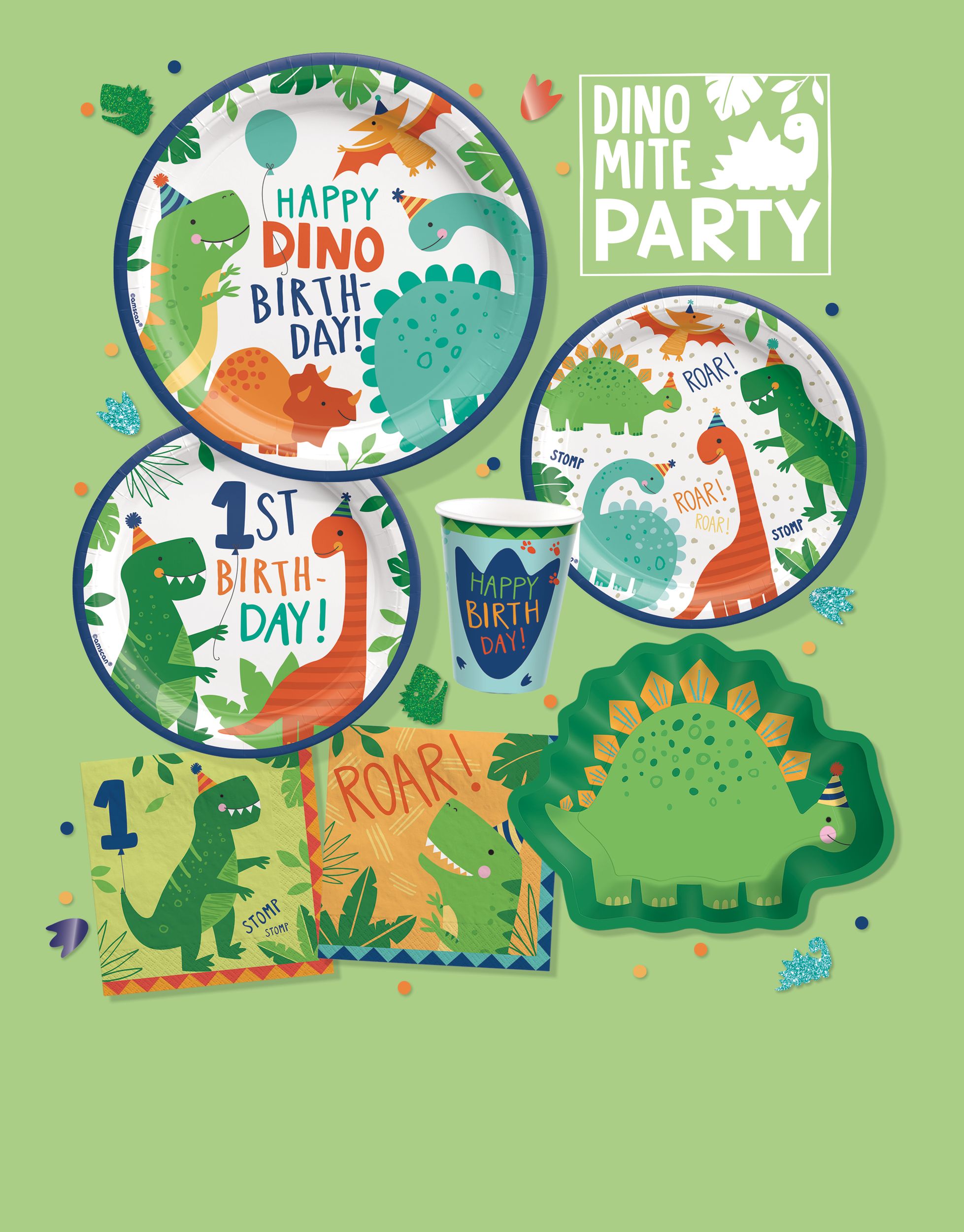 Dino-Mite "Happy Dino Birthday" Dinosaur Round Paper Disposable Lunch Plates, Blue/Green, 9-in, 8-pk, for Birthday Party Composite_or_Mixed