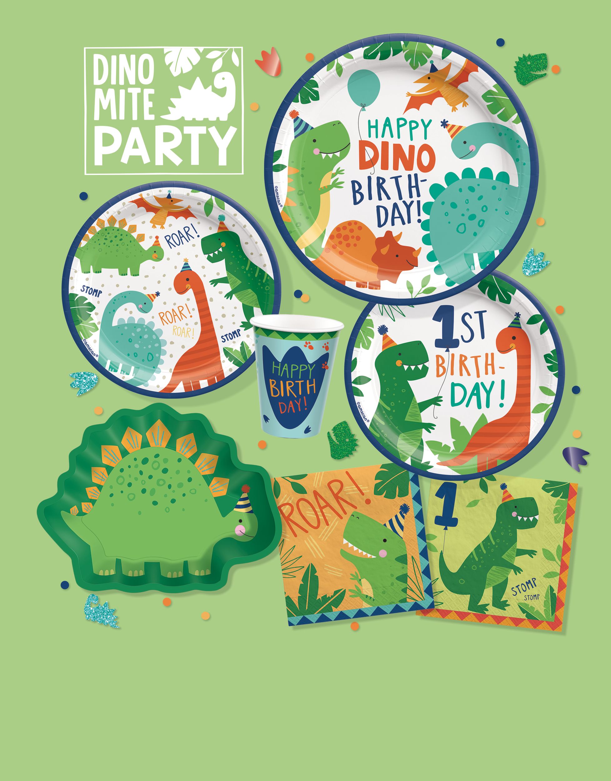 Dino-Mite "Happy Dino Birthday" Dinosaur Round Paper Disposable Lunch Plates, Blue/Green, 9-in, 8-pk, for Birthday Party Composite_or_Mixed