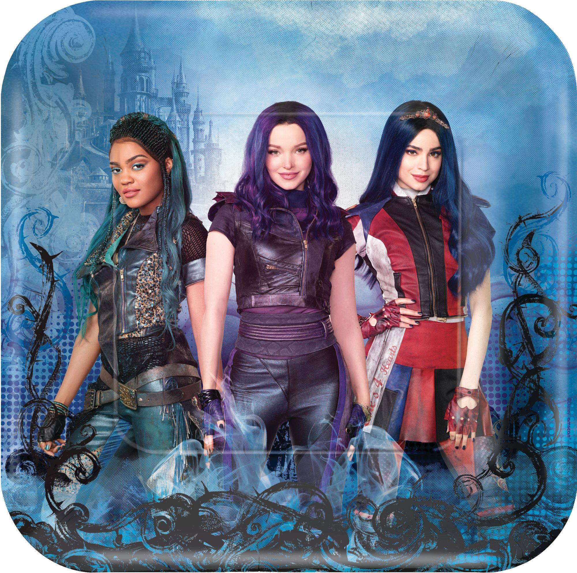 Disney Descendants Uma/Mal/Evie Square Paper Disposable Lunch Plates,Blue, 9-in, 8-pk, for Birthday Party Overhead_Flat