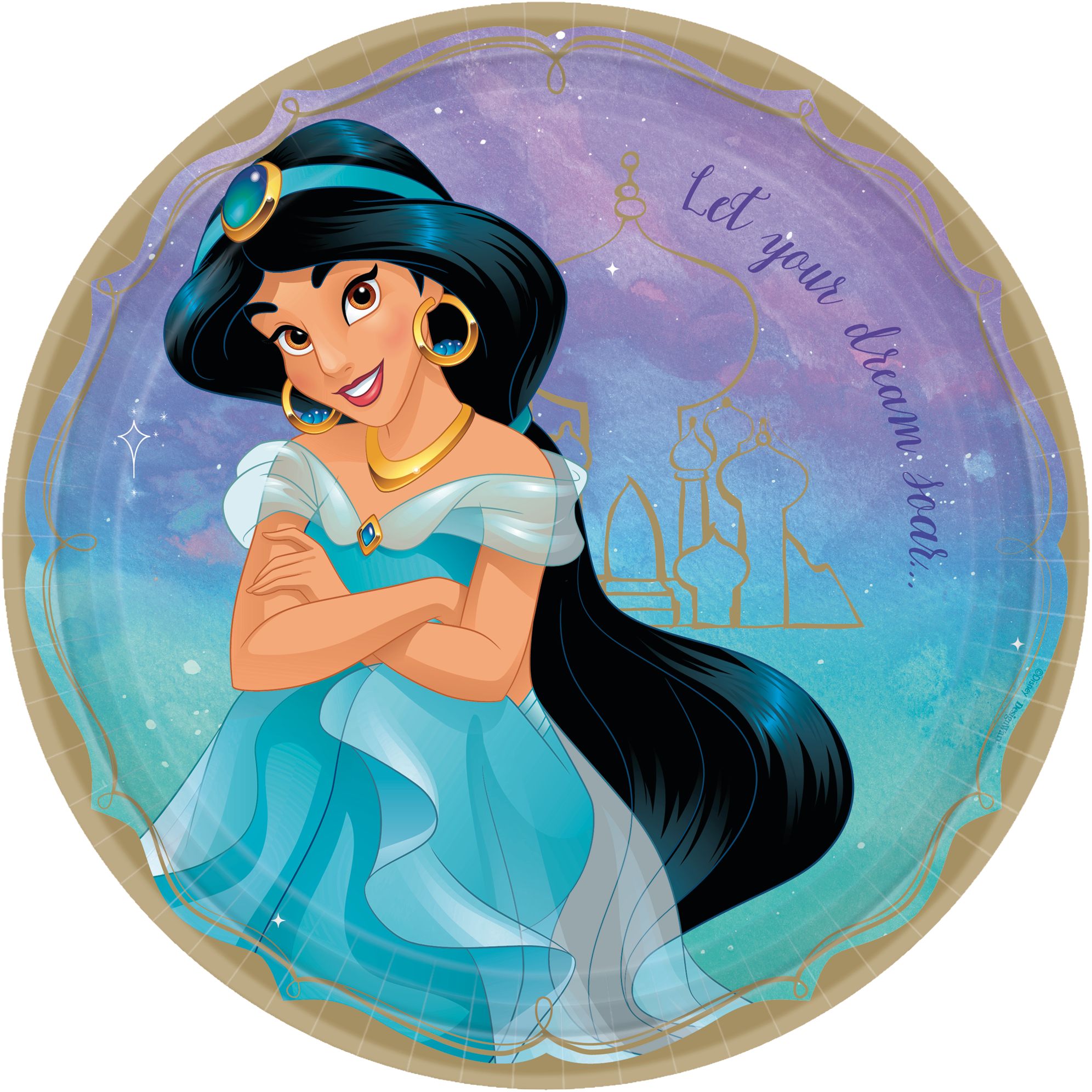 Disney Princess Once Upon A Time "Let Your Dream Soar" Jasmine Round Paper Disposable Lunch Plates,Blue/Purple, 9-in, 8-pk, for Birthday Party Overhead_Flat