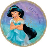 Disney Princess Once Upon A Time "Let Your Dream Soar" Jasmine Round Paper Disposable Lunch Plates,Blue/Purple, 9-in, 8-pk, for Birthday Party Overhead_Flat