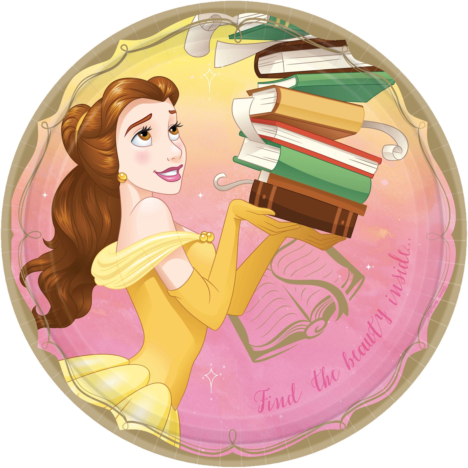 Disney Princess Once Upon A Time "Find The Beauty Inside" Belle Round Paper Disposable Lunch Plates,Pink/Yellow, 9-in, 8-pk, for Birthday Party Overhead_Flat