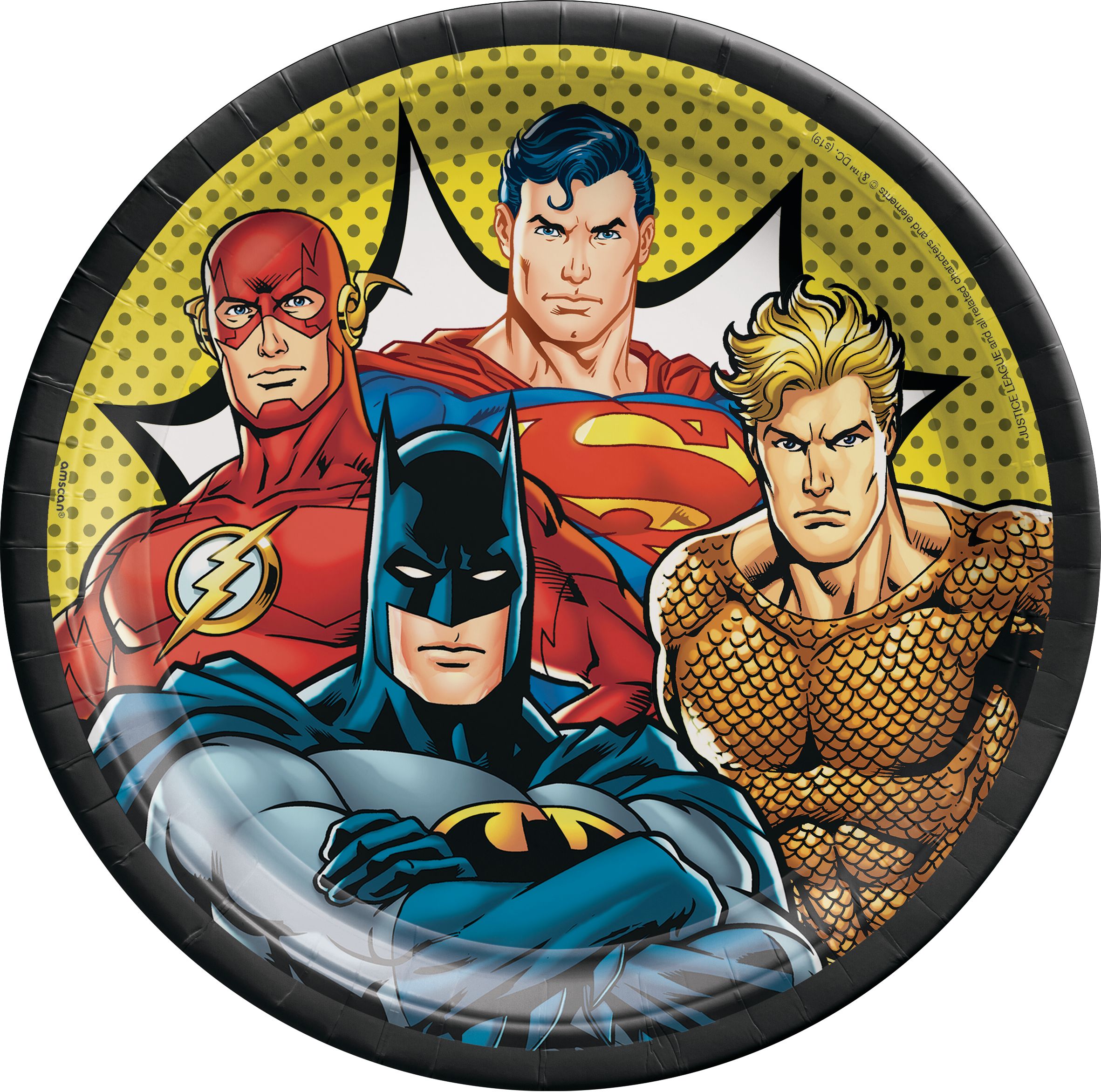 DC Justice League Round Paper Disposable Lunch Plates,Yellow/Red, 9-in, 8-pk, for Birthday Party Overhead_Flat