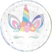 Unicorn Round Paper Disposable Lunch Plates, Iridescent/Silver, 9-in, 8-pk, for Birthday Party Overhead_Flat