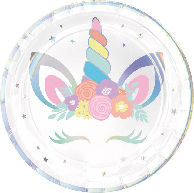 Unicorn Round Paper Disposable Lunch Plates, Iridescent/Silver, 9-in, 8-pk, for Birthday Party Overhead_Flat