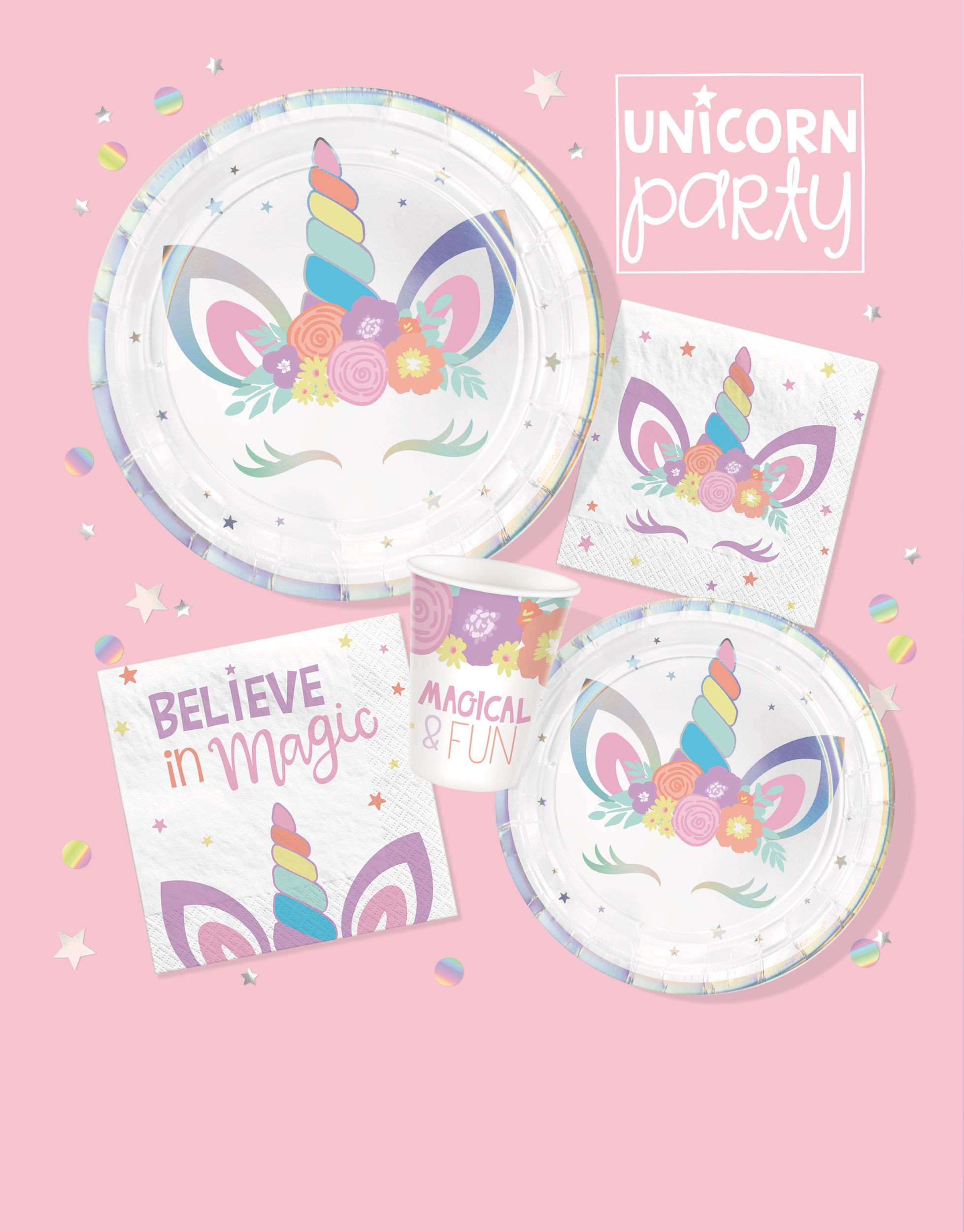 Unicorn Round Paper Disposable Lunch Plates, Iridescent/Silver, 9-in, 8-pk, for Birthday Party Overhead_Flat