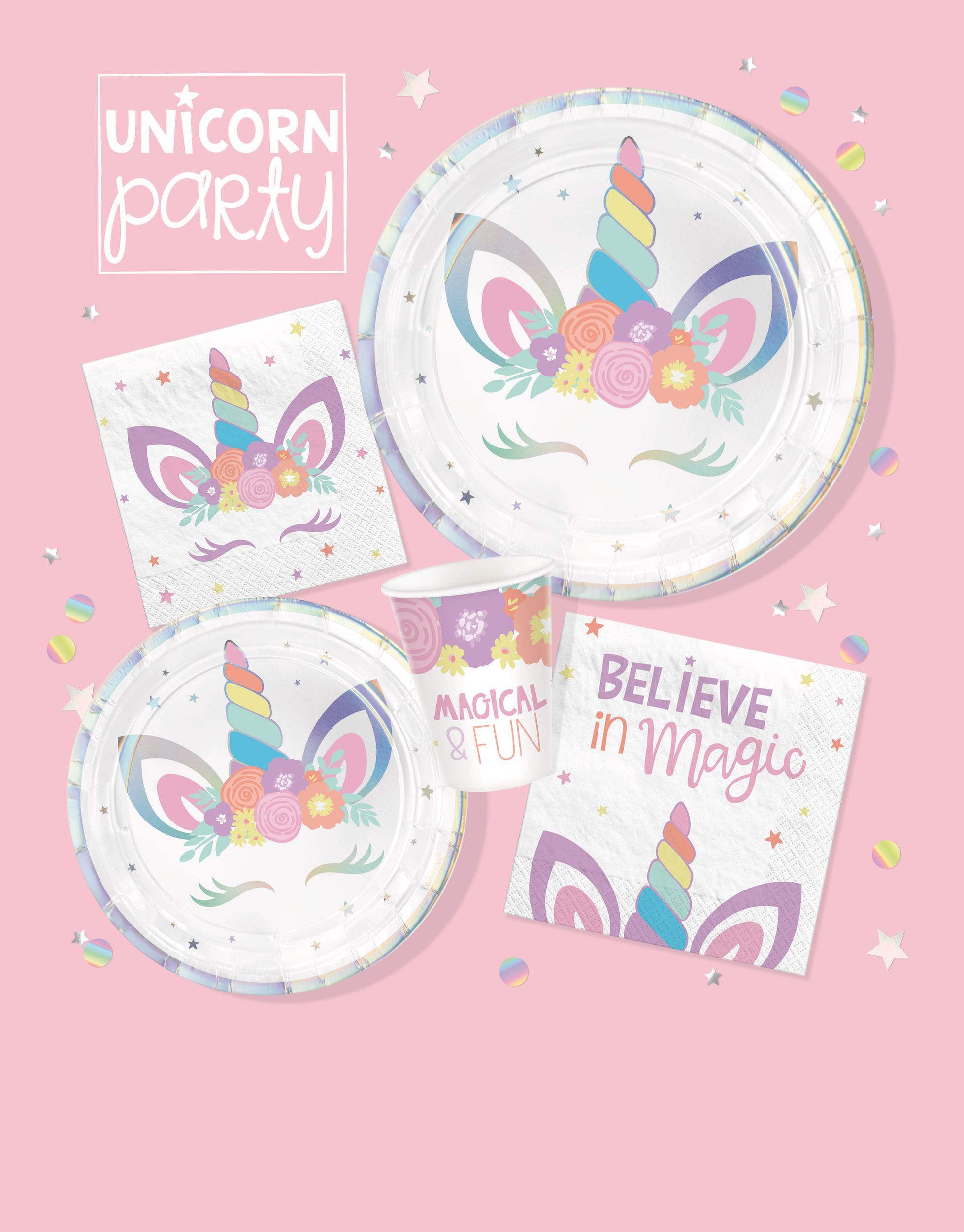Unicorn Round Paper Disposable Lunch Plates, Iridescent/Silver, 9-in, 8-pk, for Birthday Party Overhead_Flat