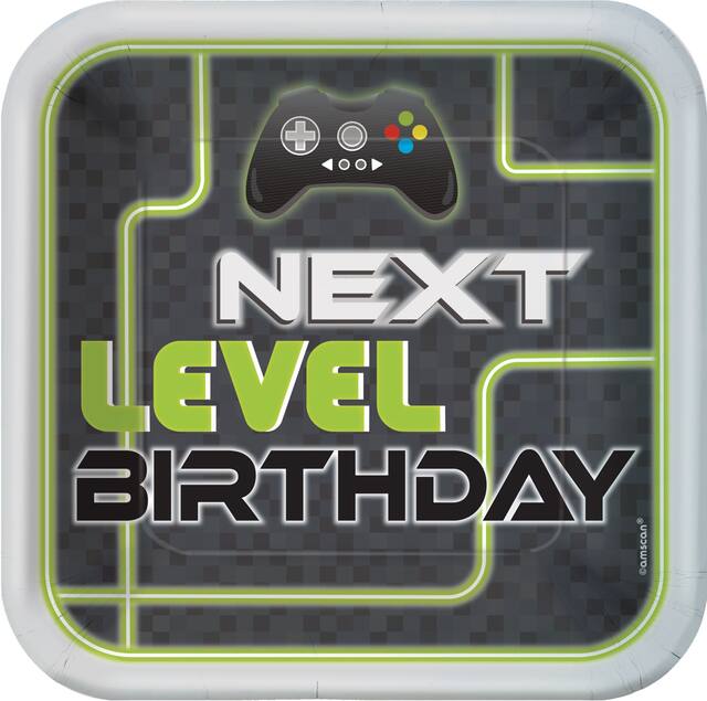 Level Up "Next Level Birthday" Square Paper Disposable Lunch Plates,Black/Green, 9-in, 8-pk, for Birthday Party Overhead_Flat