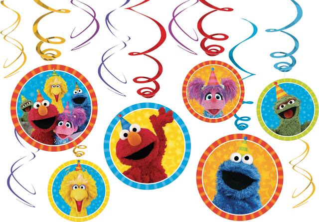 Sesame Street Elmo/Cookie Monster/Big Bird Swirl Hanging Decorations, Red/Blue/Yellow, 10-in, 12-pk, for Birthday Party Composite_or_Mixed