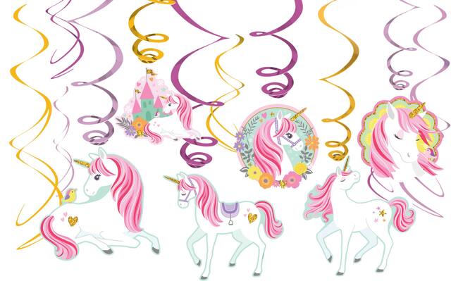 Magical Unicorn Swirl Party Decorations, Gold/Pink/Purple, 12-pc Front_Flat