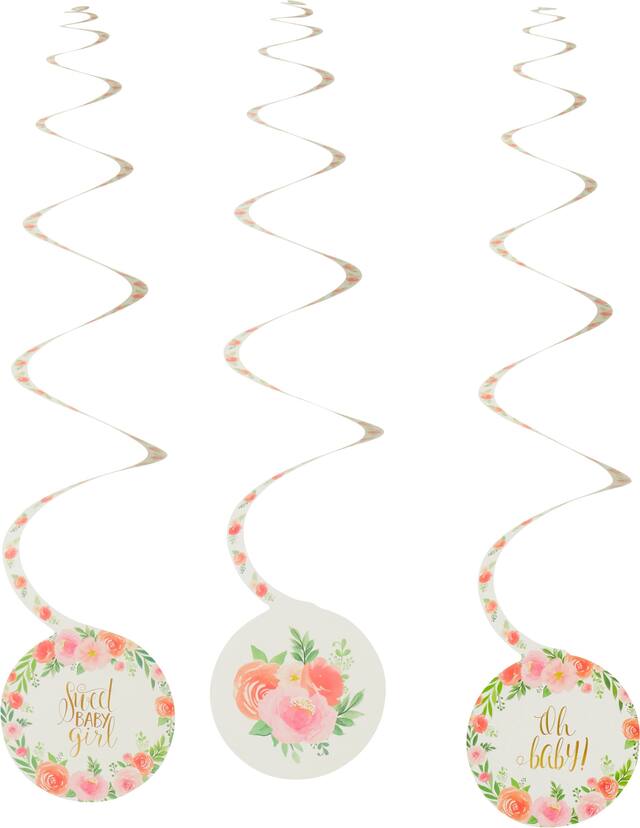 Floral Baby "Sweet Baby Girl" Floral Baby Swirl Decorations, Pink/White, 10-in, 12-pk, for Baby Shower Front_Flat