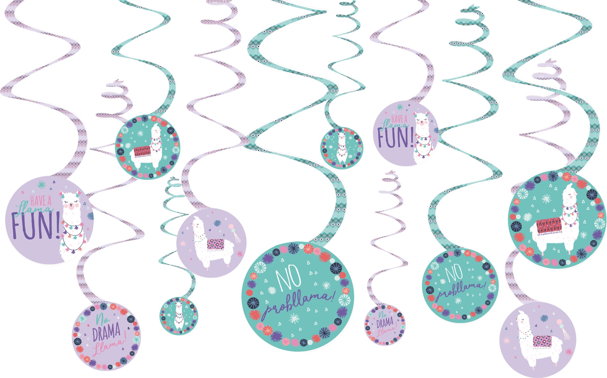 Llama Fun Hanging Swirl Birthday Party Decorations, 12-pc Front_Flat