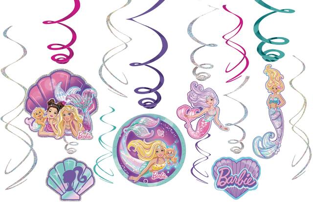 Décorations en spirales faciles à suspendre pour fête d'anniversaire, sirène Barbie, paq. 12 Front_Flat