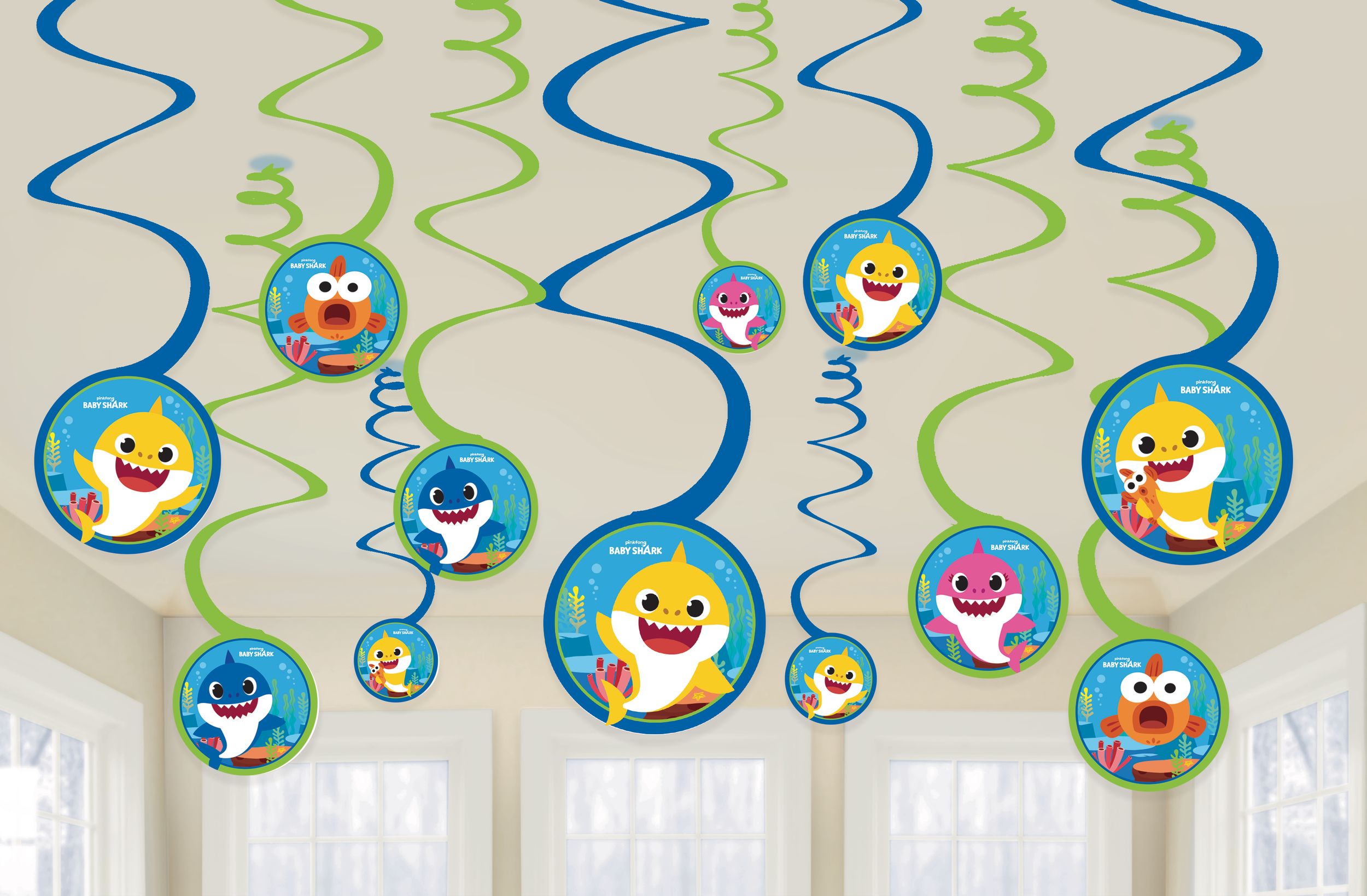 Baby Shark Swirl Hanging Decorations, Blue/Green, 10-in, 12-pk, for Birthday Party Front_Flat