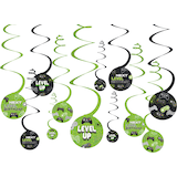 Level Up Swirl Hanging Decorations, Green/Black, 10-in, 12-pk, for Birthday Party Front_Flat