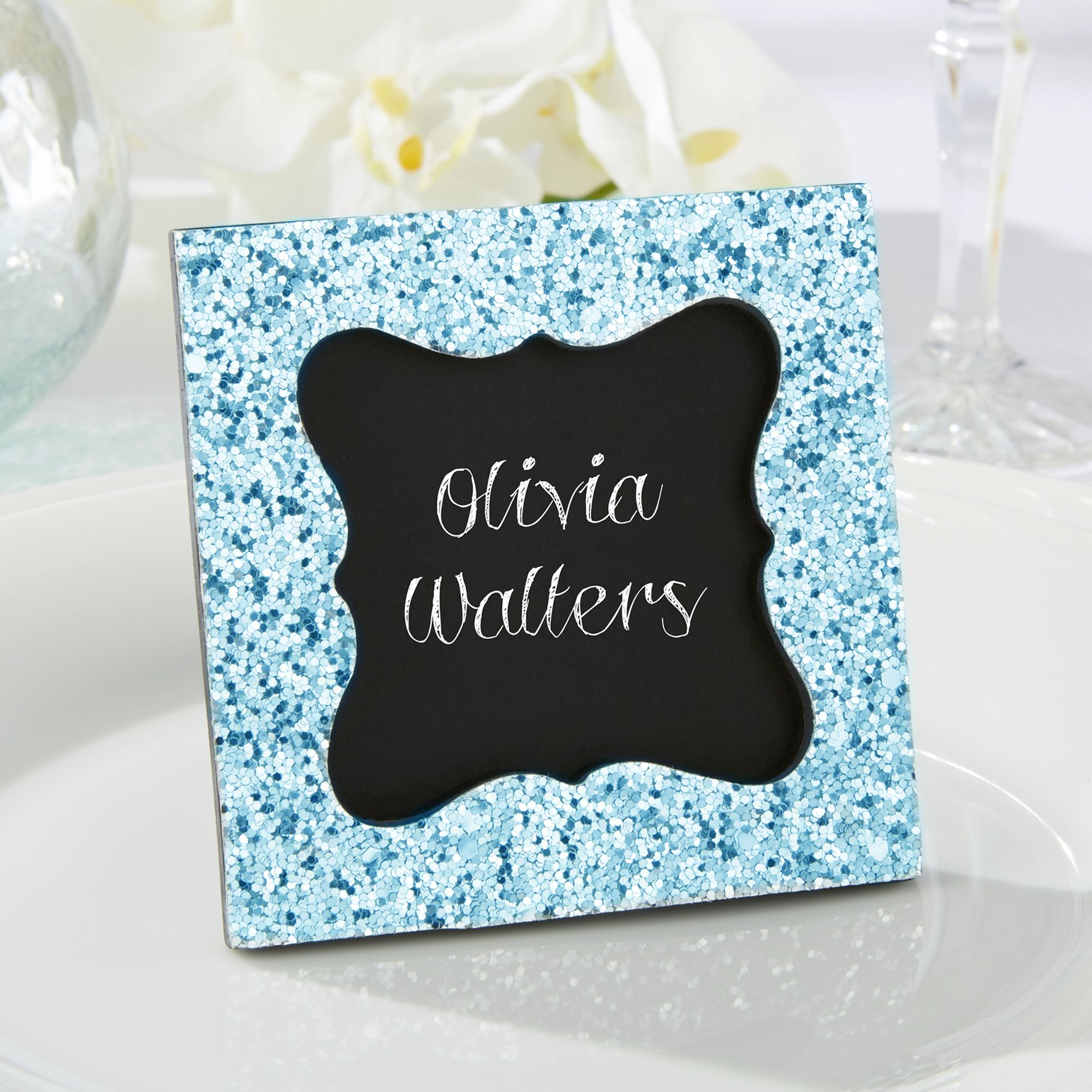 Chalkboard Blue Glitter Photo Frame Place Card Holder Front_Angled_Right
