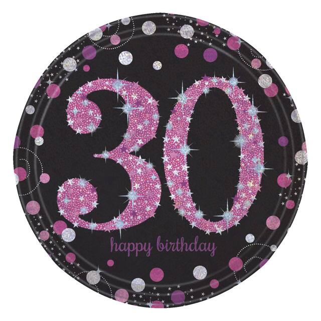 Pink Sparkling Celebration Prismatic 30th Birthday Lunch Plates, 8-pk Overhead_Flat