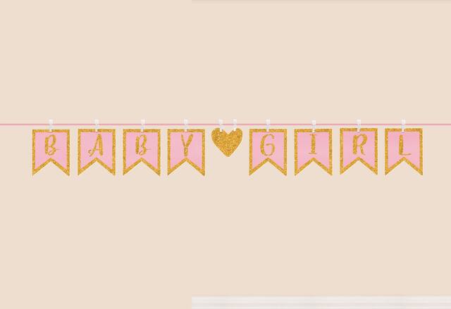 "Baby Girl" Clothespin Hanging Garland Banner Decoration, Pink/Gold, 9-in, for Baby Shower Front_Flat