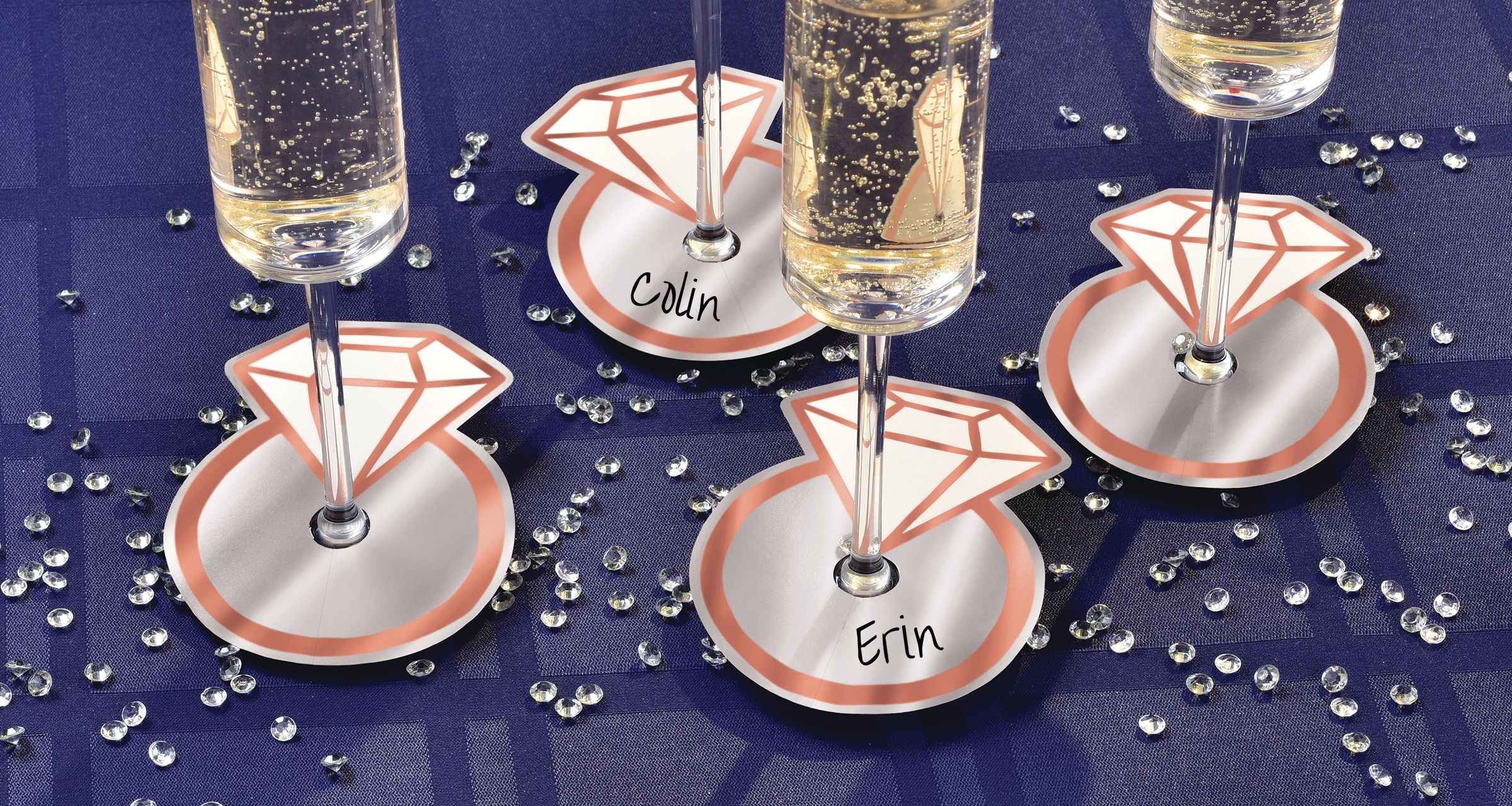 Diamond Ring Metallic Paper Wine Glass Tags,  Silver/Pink,  4-in,  18-pk, for Wedding/Engagement/Bachelorette Composite_or_Mixed