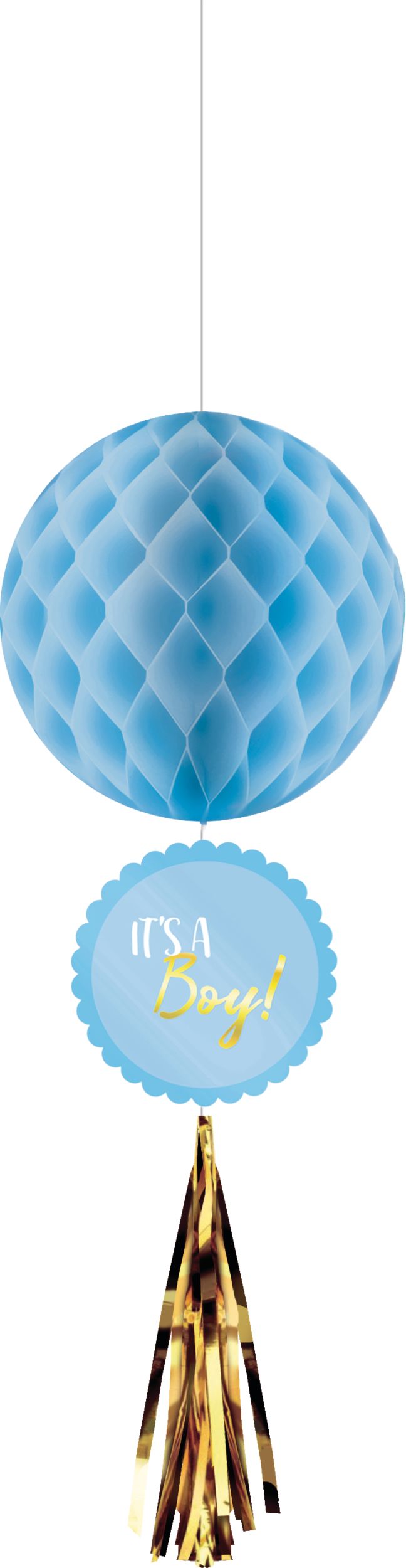 "It's a Boy" Honeycomb Hanging Decorations, Gold/Blue, 19-in, 3-pk, for Gender Reveal/Baby Shower Front_Flat