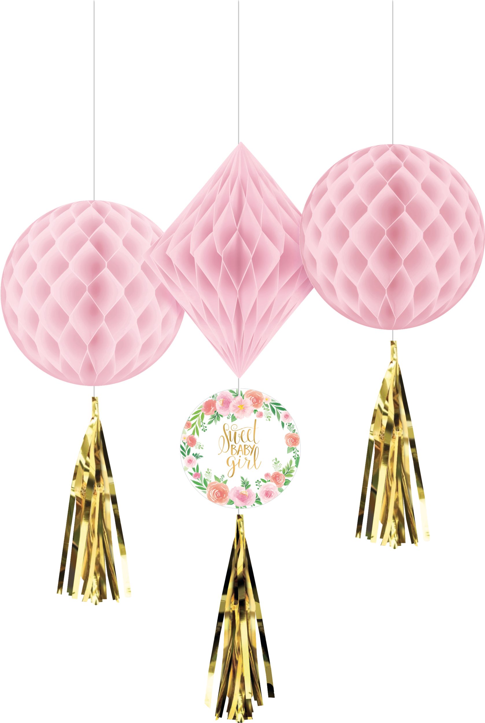 Mini Floral Baby Honeycomb Decorations with Tails, 3-pk Front_Flat
