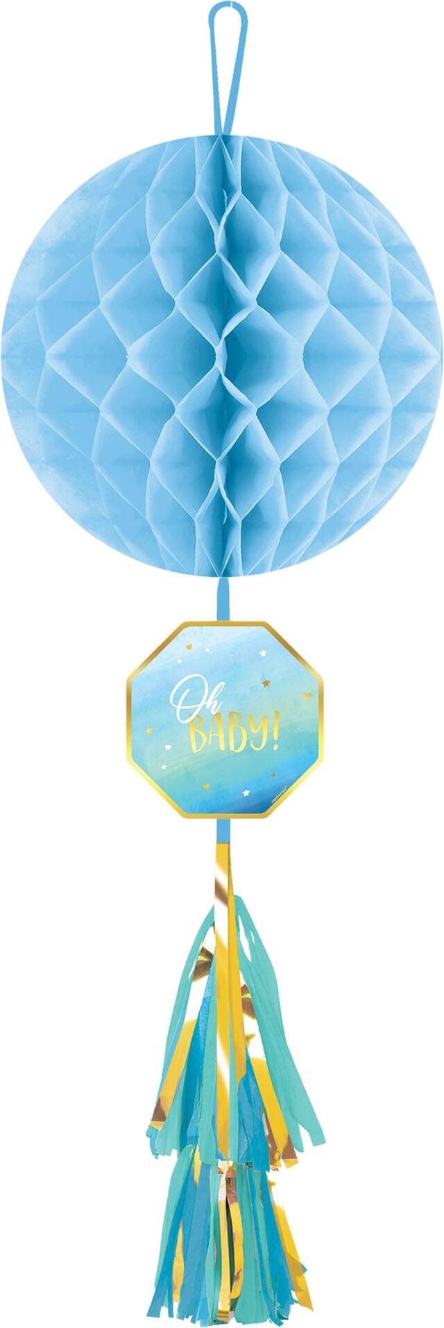 Blue It's a Boy Honeycomb Ball Decoration with Tail Front_Flat