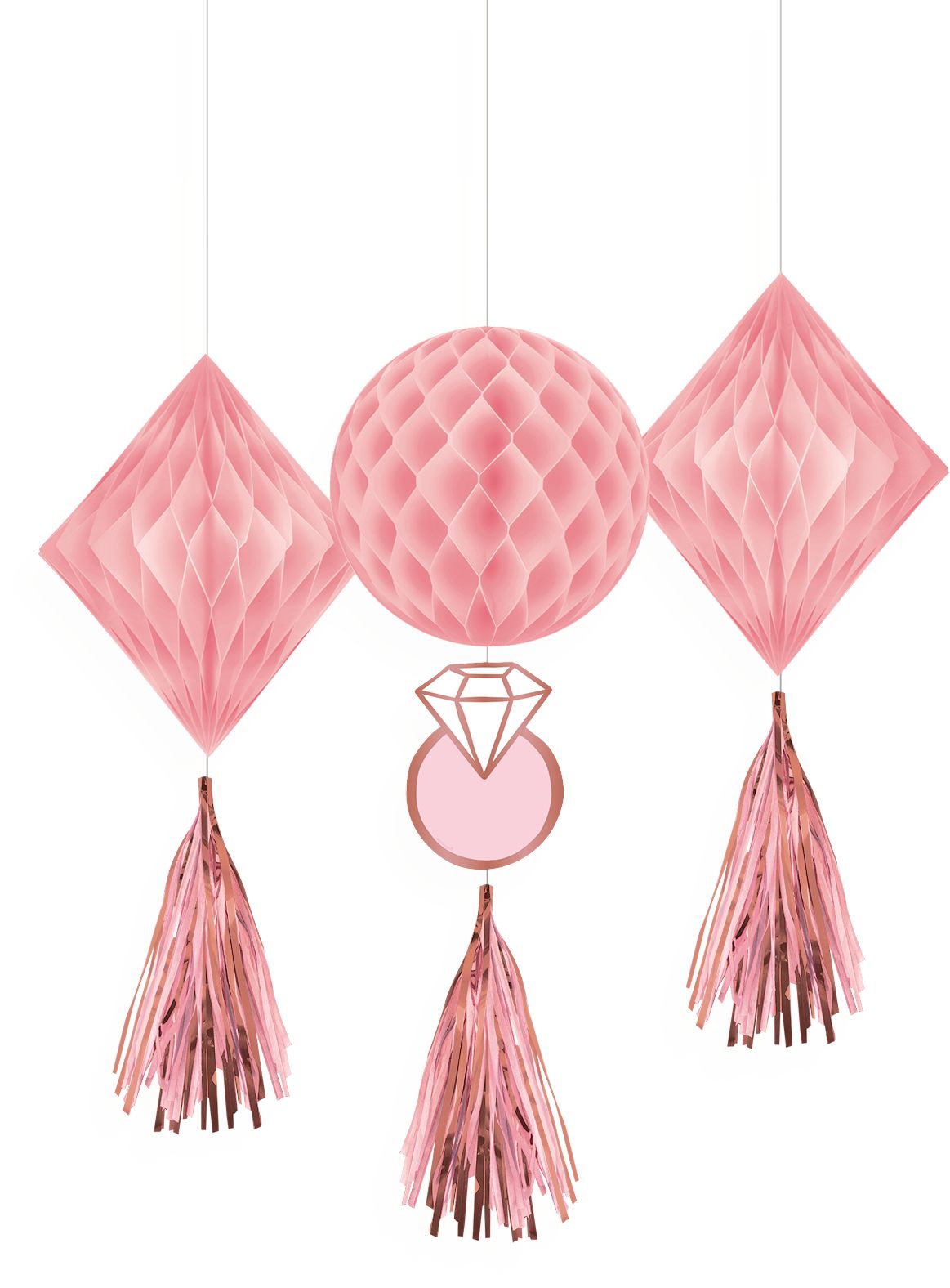 Blush Bride Honeycomb Hanging Decorations with Tails, Blush/Rose Gold, 19-in, 3-pk, for Engagement/Bachelorette Front_Flat