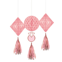 Blush Bride Honeycomb Hanging Decorations with Tails, Blush/Rose Gold, 19-in, 3-pk, for Engagement/Bachelorette