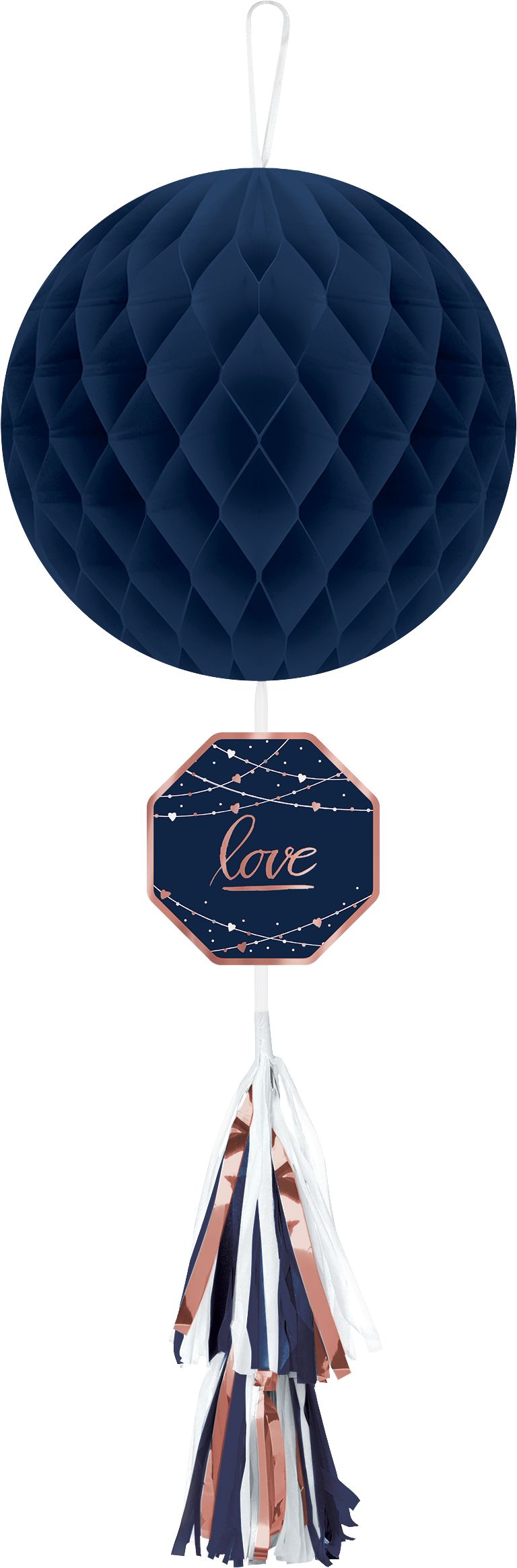 Navy Love "Love" Honeycomb Hanging Decoration with Tail, Blue/Rose Gold, 13-in, for Anniversary/Wedding/Engagement Front_Flat