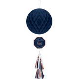Navy Love "Love" Honeycomb Hanging Decoration with Tail, Blue/Rose Gold, 13-in, for Anniversary/Wedding/Engagement Front_Flat