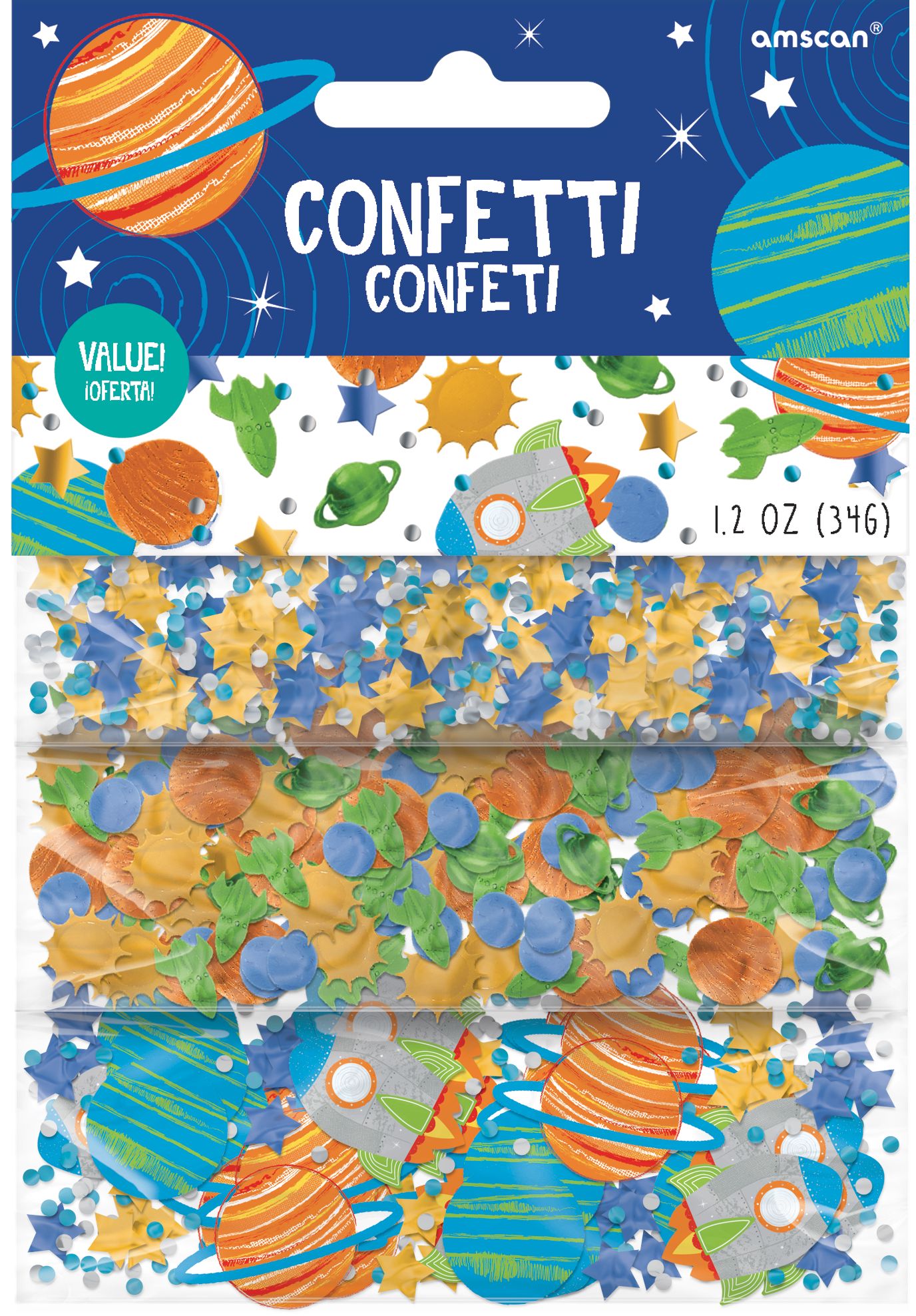 Blast Off Stars/Rocketship/Planets Confetti Table Scatter Decoration, Gold/Silver/Blue, 1.2-oz, for Birthday Party Front_Flat