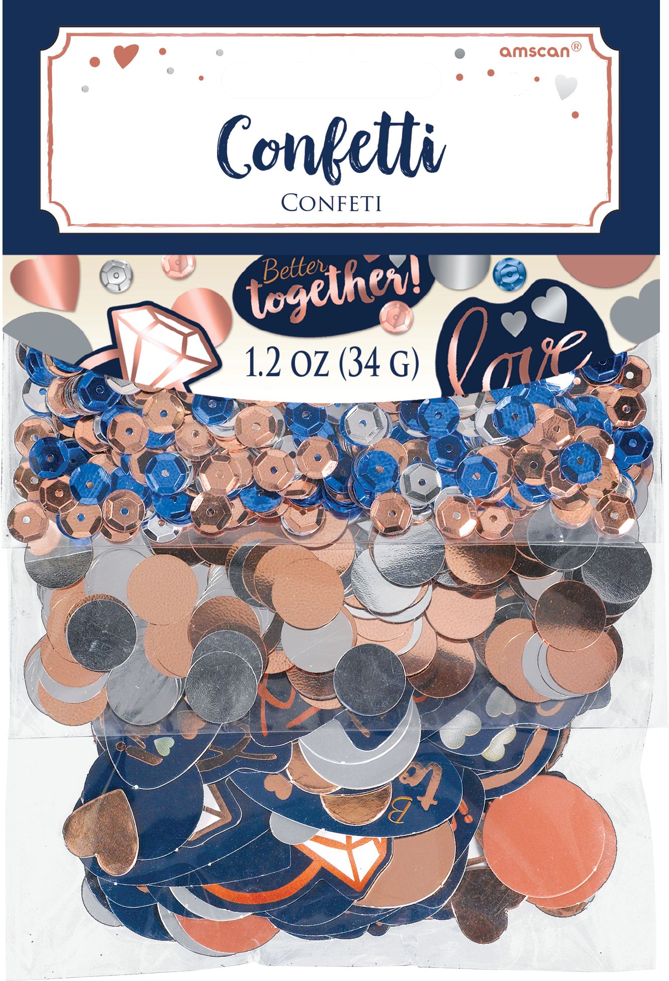 Navy Love "Better Together" Heart & Diamond Ring Confetti Table Scatter Decoration, Navy/Rose Gold, 1.2-oz, for Wedding/Engagement Front_Flat