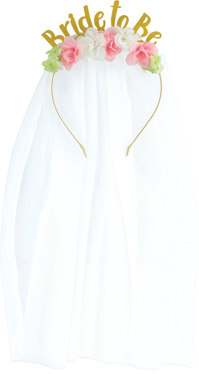 "Bride To Be" Floral Headband with Veil, Gold/Pink/White, One Size, Wearable Accessory for Wedding Shower/Bachelorette Party Front_Flat