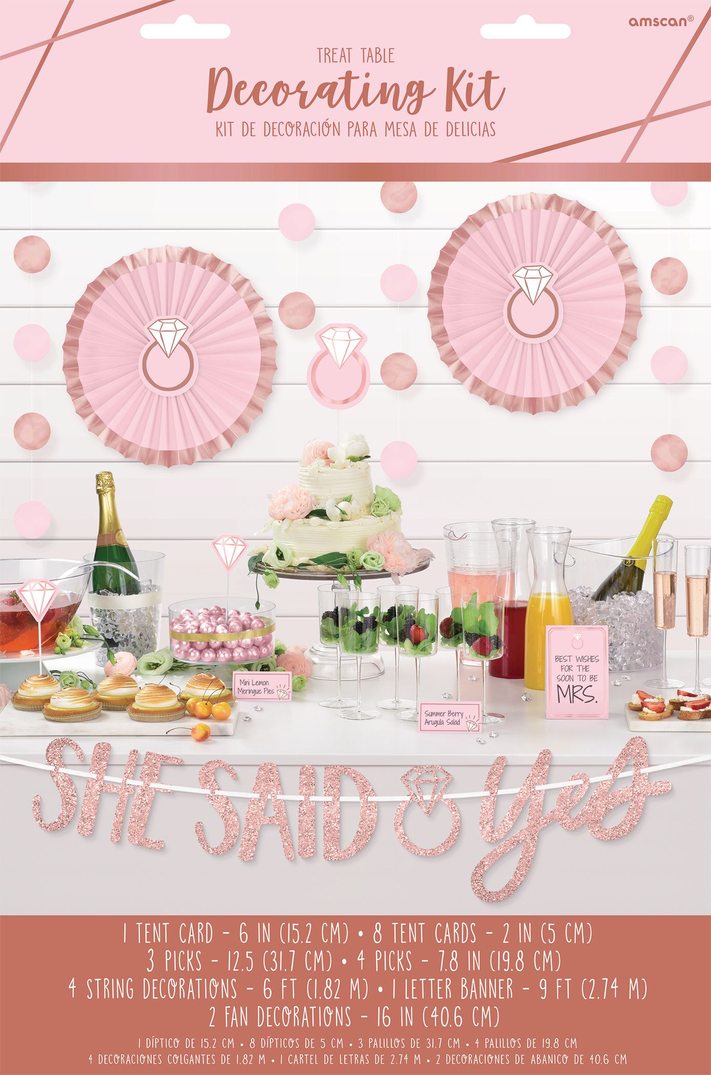 Blush Bride "She Said Yes" Buffet Table Decorating Kit with Food Cards, Picks, Decorations, Rose Gold, 9-in, 23-pk, for Engagement/Bachelorette Front_Flat