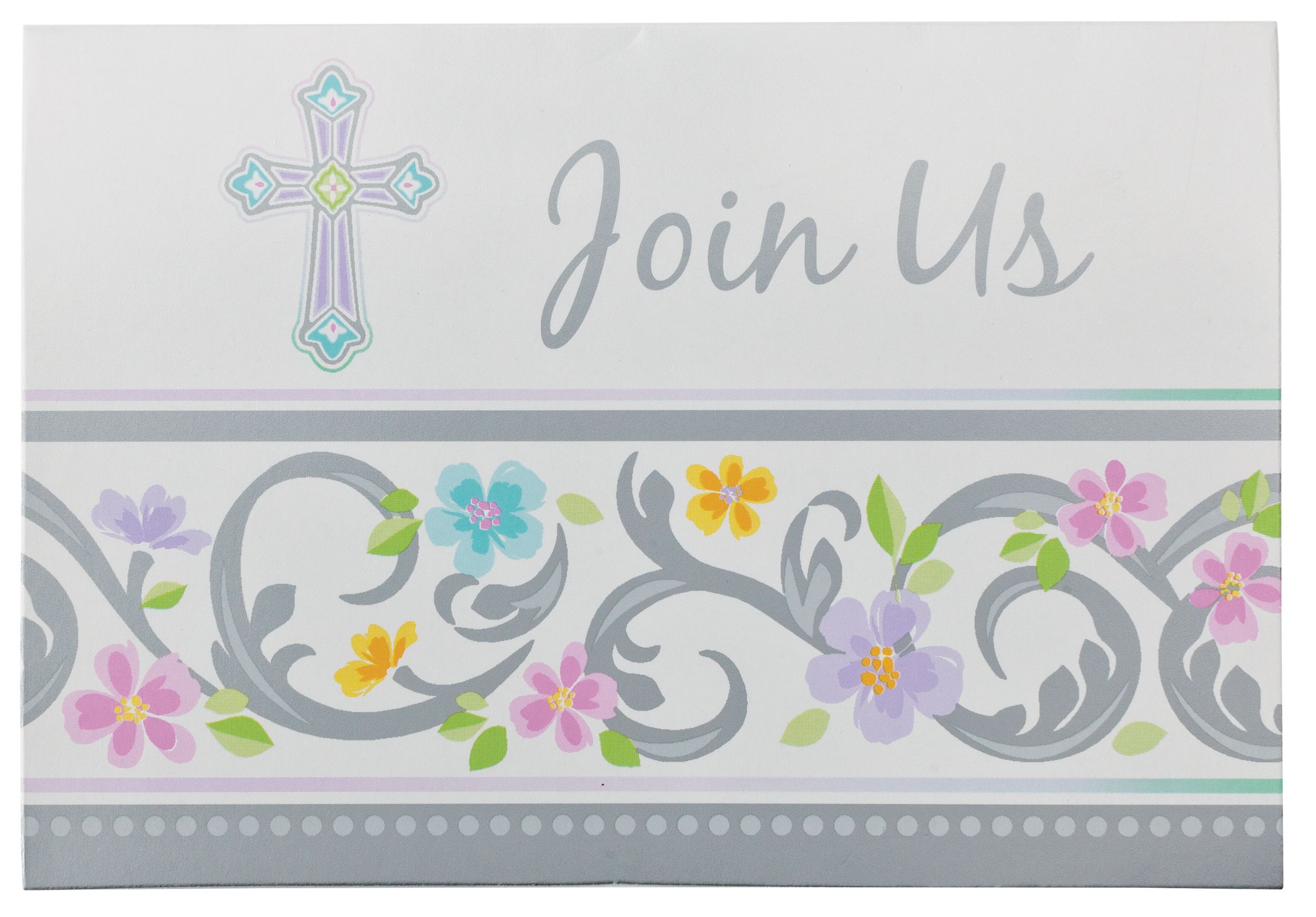 "Join Us" & "Thank You" Paper Party Invitations & Thank You Notes, Silver, 16-pk, for First Communion/Religious Celebration Front_Flat